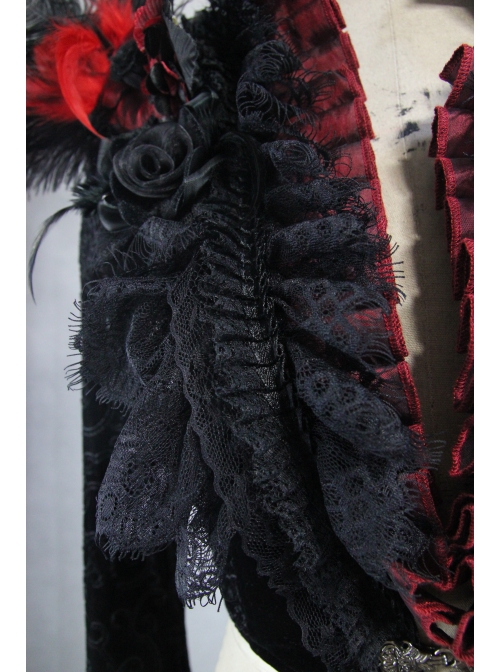 Black 3d Embossed Velvet Fabric Red Chameleon Fabric Kimono Cuffs Rose Flower Neckline Gothic Dress Jacket