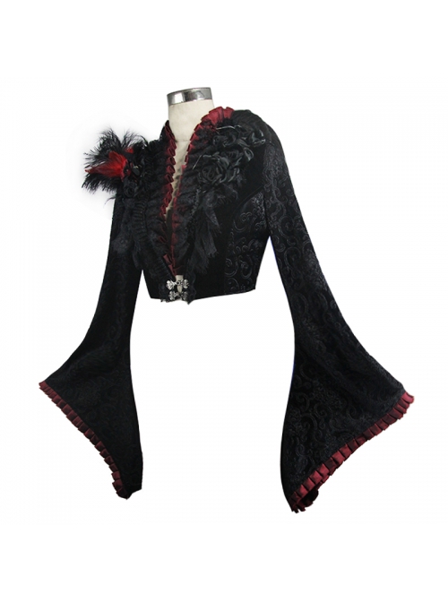 Black 3d Embossed Velvet Fabric Red Chameleon Fabric Kimono Cuffs Rose Flower Neckline Gothic Dress Jacket