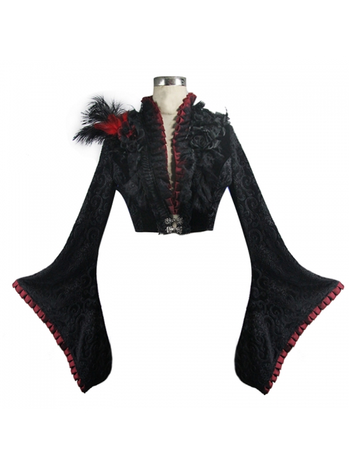 Black 3d Embossed Velvet Fabric Red Chameleon Fabric Kimono Cuffs Rose Flower Neckline Gothic Dress Jacket