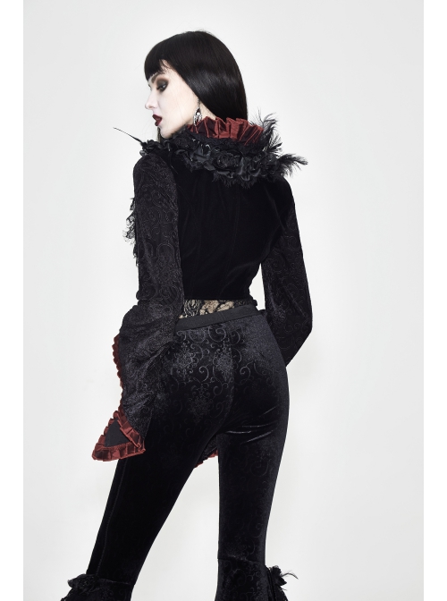 Black 3d Embossed Velvet Fabric Red Chameleon Fabric Kimono Cuffs Rose Flower Neckline Gothic Dress Jacket