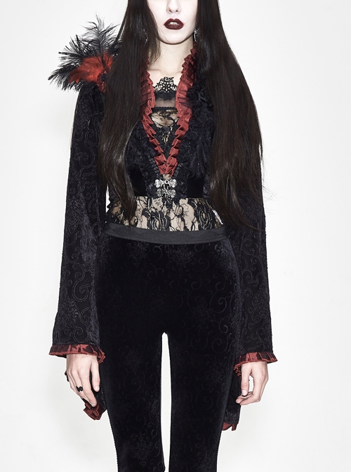 Black 3d Embossed Velvet Fabric Red Chameleon Fabric Kimono Cuffs Rose Flower Neckline Gothic Dress Jacket