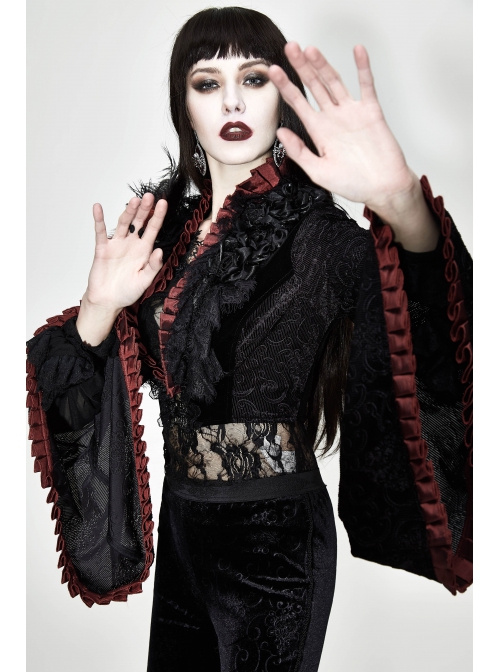 Black 3d Embossed Velvet Fabric Red Chameleon Fabric Kimono Cuffs Rose Flower Neckline Gothic Dress Jacket
