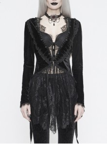 Black Velvet Fabric Positioning Floral Lace Knitted Fabric Dovetail Hem Gothic Dress Coat