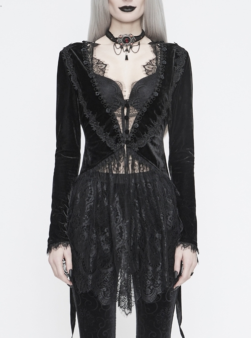 Black Velvet Fabric Positioning Floral Lace Knitted Fabric Dovetail Hem Gothic Dress Coat