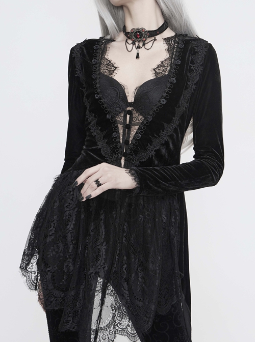 Black Velvet Fabric Positioning Floral Lace Knitted Fabric Dovetail Hem Gothic Dress Coat