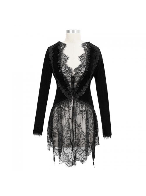 Black Velvet Fabric Positioning Floral Lace Knitted Fabric Dovetail Hem Gothic Dress Coat