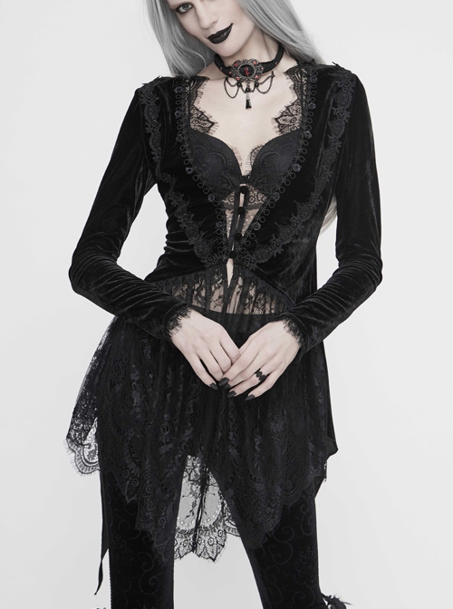 Black Velvet Fabric Positioning Floral Lace Knitted Fabric Dovetail Hem Gothic Dress Coat
