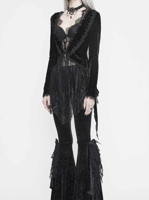 Black Velvet Fabric Positioning Floral Lace Knitted Fabric Dovetail Hem Gothic Dress Coat