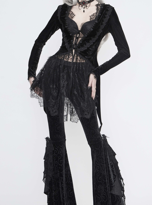 Black Velvet Fabric Positioning Floral Lace Knitted Fabric Dovetail Hem Gothic Dress Coat