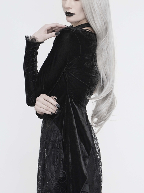 Black Velvet Fabric Positioning Floral Lace Knitted Fabric Dovetail Hem Gothic Dress Coat