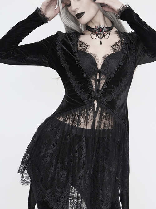 Black Velvet Fabric Positioning Floral Lace Knitted Fabric Dovetail Hem Gothic Dress Coat