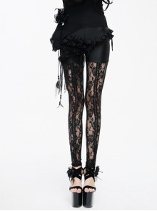 Black Knitted Base Cloth Rose Flower Net Material Asymmetric Lace Bunny Girl Hip Transparent Gothic Leggings