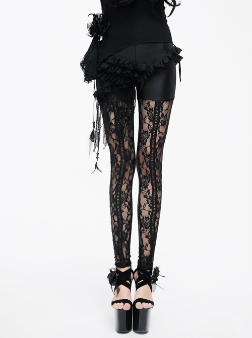 Black Knitted Base Cloth Rose Flower Net Material Asymmetric Lace Bunny Girl Hip Transparent Gothic Leggings