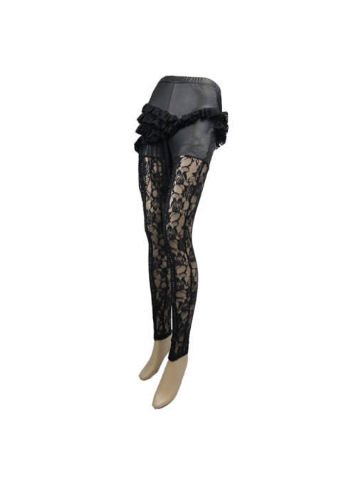 Black Knitted Base Cloth Rose Flower Net Material Asymmetric Lace Bunny Girl Hip Transparent Gothic Leggings