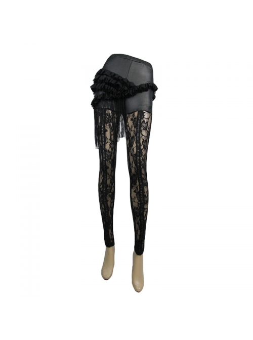 Black Knitted Base Cloth Rose Flower Net Material Asymmetric Lace Bunny Girl Hip Transparent Gothic Leggings