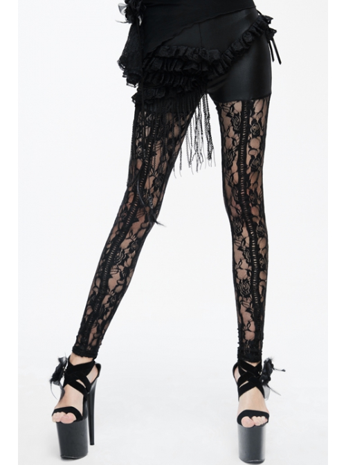 Black Knitted Base Cloth Rose Flower Net Material Asymmetric Lace Bunny Girl Hip Transparent Gothic Leggings