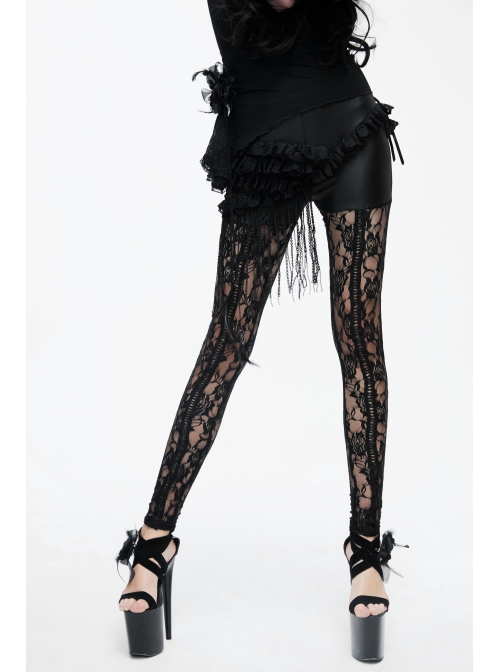 Black Knitted Base Cloth Rose Flower Net Material Asymmetric Lace Bunny Girl Hip Transparent Gothic Leggings