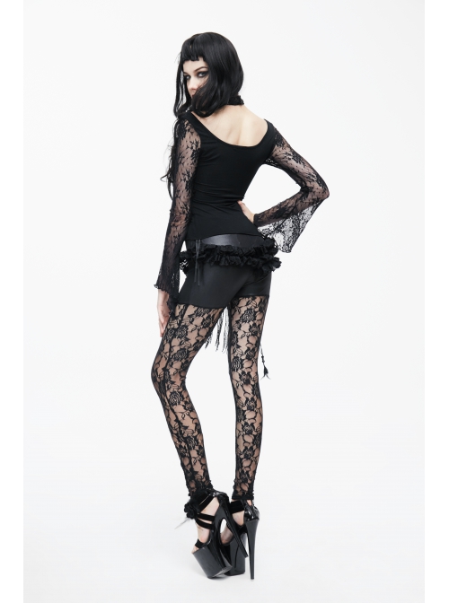 Black Knitted Base Cloth Rose Flower Net Material Asymmetric Lace Bunny Girl Hip Transparent Gothic Leggings