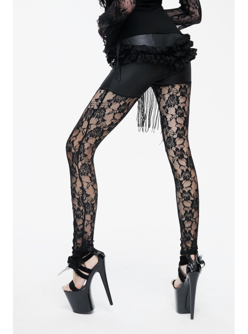 Black Knitted Base Cloth Rose Flower Net Material Asymmetric Lace Bunny Girl Hip Transparent Gothic Leggings