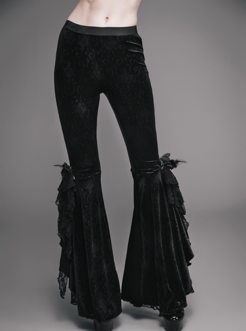 Black Stretch-Embossed Velvet Fabric Lace Rosettes Detachable Brooch Gothic Flared Pants