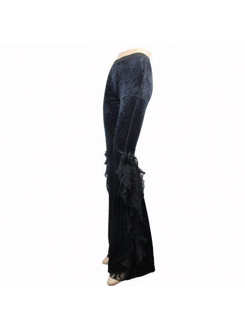 Black Stretch-Embossed Velvet Fabric Lace Rosettes Detachable Brooch Gothic Flared Pants