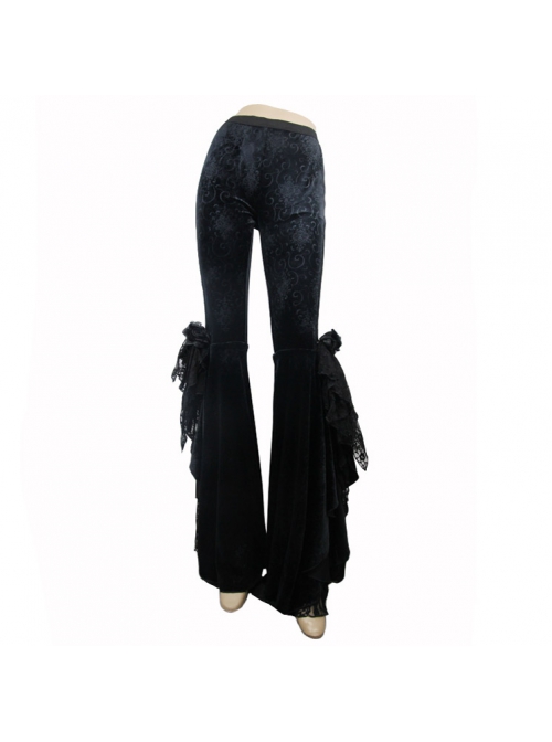 Black Stretch-Embossed Velvet Fabric Lace Rosettes Detachable Brooch Gothic Flared Pants