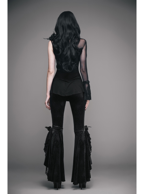 Black Stretch-Embossed Velvet Fabric Lace Rosettes Detachable Brooch Gothic Flared Pants
