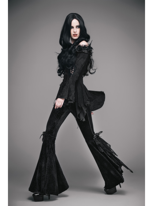 Black Stretch-Embossed Velvet Fabric Lace Rosettes Detachable Brooch Gothic Flared Pants