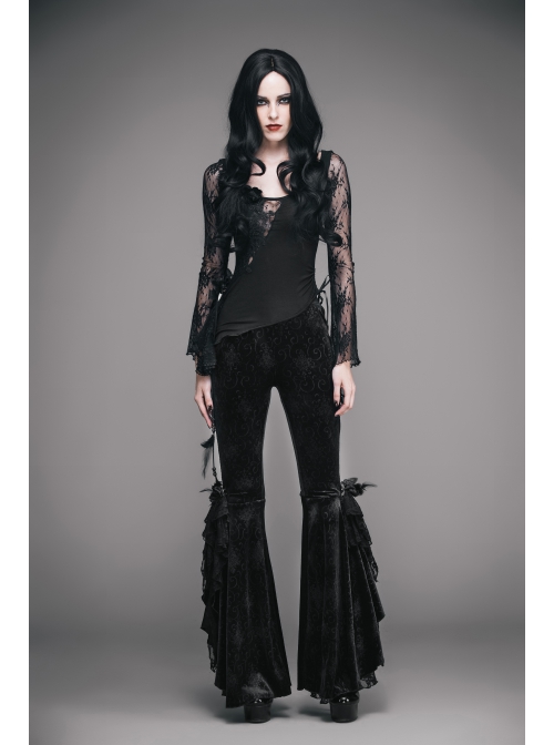 Black Stretch-Embossed Velvet Fabric Lace Rosettes Detachable Brooch Gothic Flared Pants