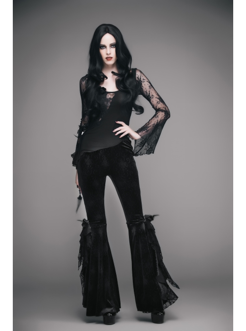 Black Stretch-Embossed Velvet Fabric Lace Rosettes Detachable Brooch Gothic Flared Pants