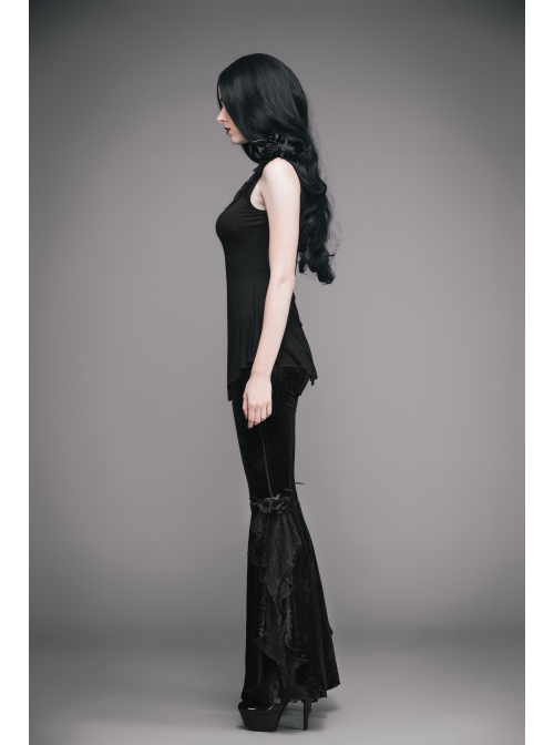 Black Stretch-Embossed Velvet Fabric Lace Rosettes Detachable Brooch Gothic Flared Pants