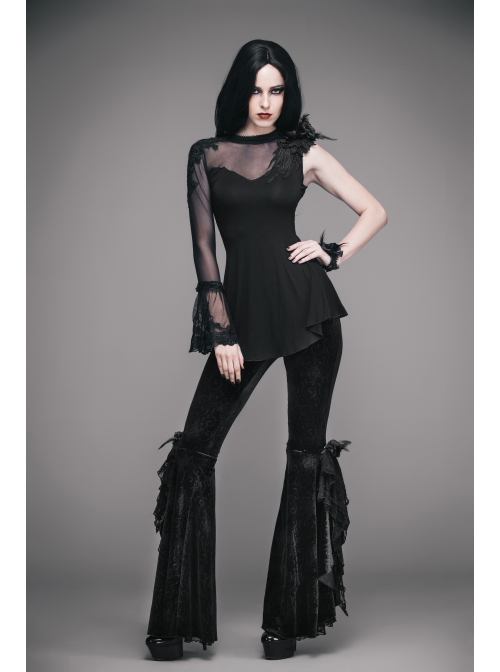 Black Stretch-Embossed Velvet Fabric Lace Rosettes Detachable Brooch Gothic Flared Pants