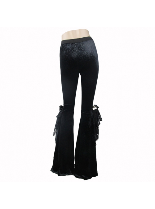 Black Stretch-Embossed Velvet Fabric Lace Rosettes Detachable Brooch Gothic Flared Pants