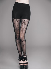 Black Transparent Stretch Net Velvet Print Bead Chain Cotton Knit Fabric Gothic Leggings