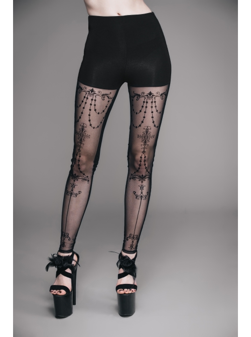 Black Transparent Stretch Net Velvet Print Bead Chain Cotton Knit Fabric Gothic Leggings