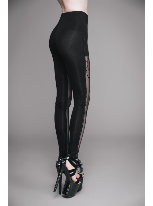 Black Transparent Stretch Net Velvet Print Bead Chain Cotton Knit Fabric Gothic Leggings