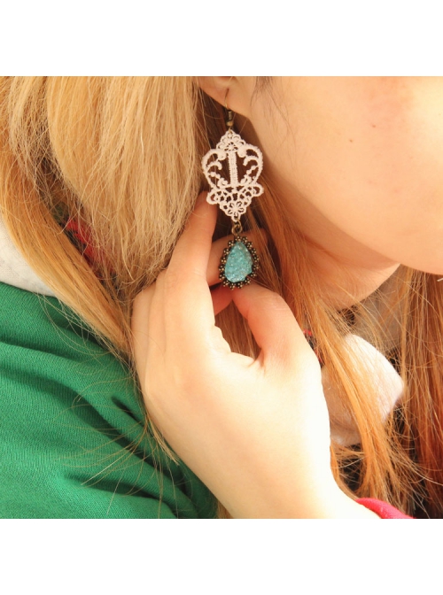 Baroque Handmade White Lace Retro Blue Gemstone Female Cute Fashion Earrings