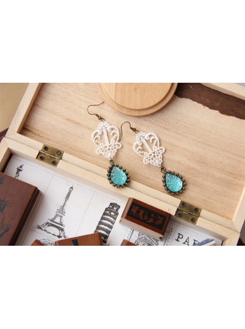 Baroque Handmade White Lace Retro Blue Gemstone Female Cute Fashion Earrings