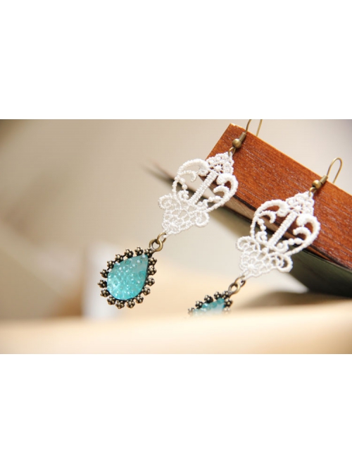 Baroque Handmade White Lace Retro Blue Gemstone Female Cute Fashion Earrings