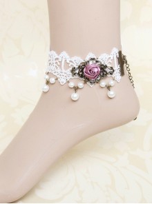 Palace Vintage White Lace Pearl Pink Rose Flower Female Lolita Handmade Anklet