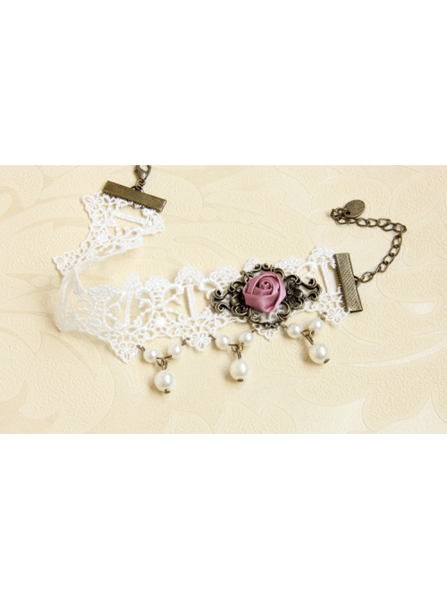 Palace Vintage White Lace Pearl Pink Rose Flower Female Lolita Handmade Anklet