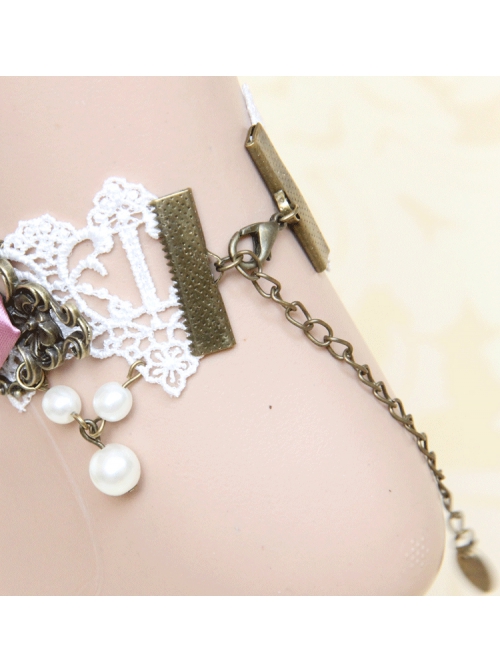 Palace Vintage White Lace Pearl Pink Rose Flower Female Lolita Handmade Anklet