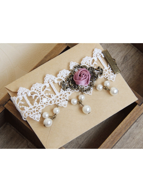 Palace Vintage White Lace Pearl Pink Rose Flower Female Lolita Handmade Anklet