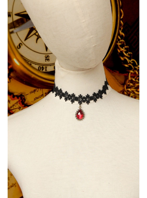 Gothic Lolita Retro Fashion Black Lace Teardrop-Shaped Ruby Female Choker