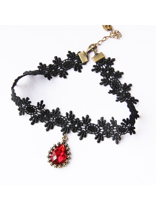 Gothic Lolita Retro Fashion Black Lace Teardrop-Shaped Ruby Female Choker