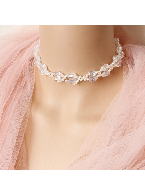 Baroque Personality Fashionable Party Prom Dress White Crystal Pearl Bow Short Necklace