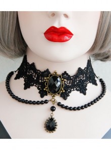 Personality Gothic Retro Fashion Black Lace Pearl Jewel Sweet Female Collar