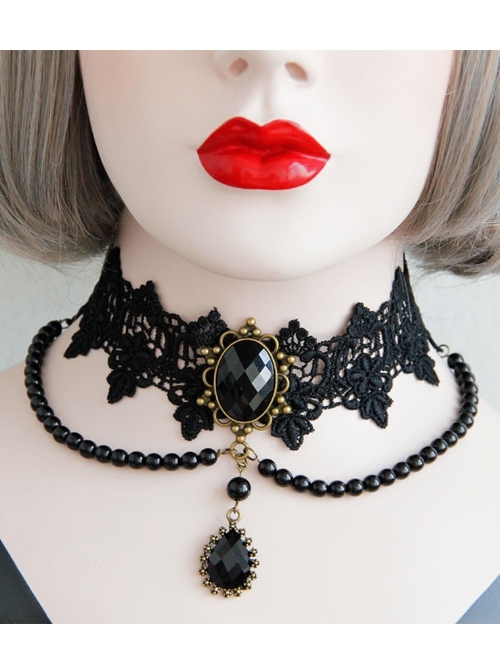 Personality Gothic Retro Fashion Black Lace Pearl Jewel Sweet Female Collar