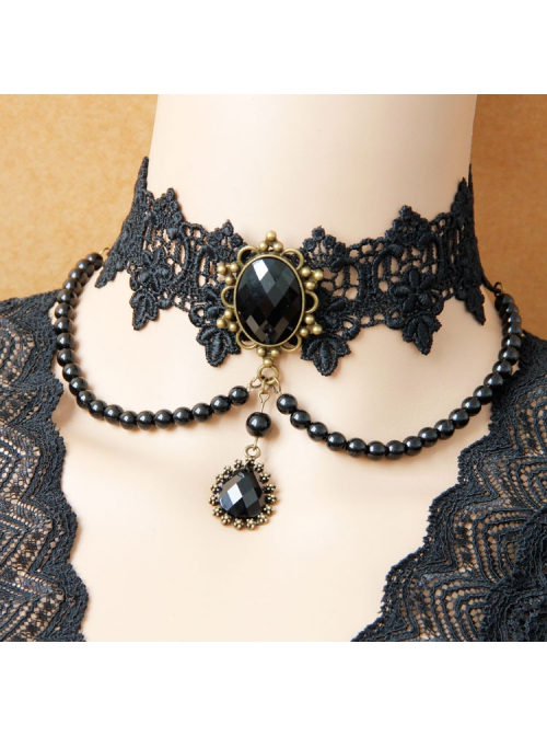Personality Gothic Retro Fashion Black Lace Pearl Jewel Sweet Female Collar