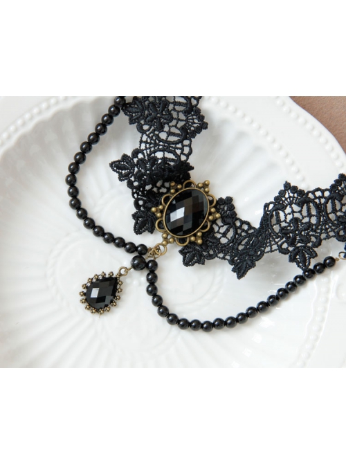 Personality Gothic Retro Fashion Black Lace Pearl Jewel Sweet Female Collar